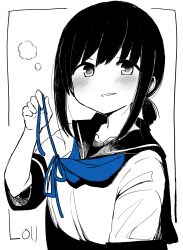  1girl blue_neckerchief blush collarbone commentary_request fubuki_(kancolle) greyscale hair_between_eyes highres holding kantai_collection looking_at_viewer low_ponytail ma_rukan medium_hair monochrome neckerchief parted_lips ponytail school_uniform serafuku sidelocks smile solo spot_color upper_body white_background 