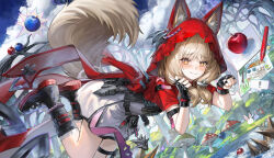  +_+ 1girl absurdres animal_ears apple arknights arknights:_endfield black_boots black_gloves blue_apple blush boots cape closed_mouth commentary cost_(kftf4582) dress ears_through_headwear fingerless_gloves food fruit gloves highres hood hood_up hooded_cape low-tied_sidelocks mushroom orange_eyes rabbit red_cape rossi_(arknights) sidelocks tail tree white_dress wolf_ears wolf_girl wolf_tail 