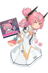  >_< 1girl :i aria_(zenless_zone_zero) breasts commentary_request dress fingerless_gloves gloves hair_between_eyes highres memtzzsm0j37789 multicolored_hair pink_gloves pink_hair pout puffy_short_sleeves puffy_sleeves quad_tails reference_inset short_sleeves simple_background solo streaked_hair white_background white_dress zenless_zone_zero 