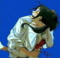  2boys axis_powers_hetalia backlighting black_hair black_pants blue_background blush china_(hetalia) closed_eyes commentary_request floating_hair flower from_behind glitch hand_on_another's_back hand_on_another's_shoulder happy highres hug japan_(hetalia) long_hair long_sleeves low_ponytail male_focus multiple_boys open_mouth pants petals ponytail puffy_long_sleeves puffy_sleeves red_flower shirt short_hair sidelocks simple_background smile solell10 teeth tongue torn_clothes torn_shirt upper_body vhs_artifacts white_shirt 