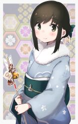  1girl absurdres arrow_(projectile) bell black_hair blue_kimono blush border closed_mouth commentary_request ema fubuki_(kancolle) fur-trimmed_kimono fur_trim green_eyes hamaya highres holding japanese_clothes jingle_bell kantai_collection kimono long_sleeves ma_rukan obi sash short_hair signature smile solo upper_body white_border wide_sleeves 