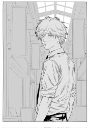  1boy belt border candy chainsaw_man commentary_request denji_(chainsaw_man) dress_shirt food from_behind greyscale highres light_blush lollipop looking_at_viewer looking_back male_focus mekill215280 monochrome necktie shirt shirt_tucked_in short_hair sleeves_rolled_up solo suit_pants white_border 