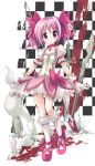  blood_stain blush bow bubble_skirt checkered checkered_background choker gloves gun hair_bow hair_ribbon highres jewelry kaname_madoka kim_cheee kneehighs kyubey kyuubee magical_girl mahou_shoujo_madoka_magica mima_chi pendant pink_hair polearm puffy_sleeves purple_eyes ribbon rifle shield shoes short_hair short_twintails skirt spear sword tail tail_grab tears twintails violence weapon white_gloves white_kneehighs white_legwear 