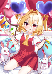  1girl :q absurdres ascot balloon bed_sheet blonde_hair blush cake commentary creature crossed_bangs crystal_wings curtains day flandre_scarlet food frilled_shirt_collar frilled_wrist_cuffs frills hair_between_eyes hair_intakes heart_balloon highres holding holding_cake holding_food indoors iris_(airisu495) kneehighs licking_lips looking_at_viewer pillow pleated_skirt puffy_short_sleeves puffy_sleeves red_eyes red_skirt red_vest seiza shirt short_hair short_sleeves side_ponytail sitting skirt sleeve_ribbon socks solo star_balloon tongue tongue_out touhou vest white_shirt white_socks window wings wrist_cuffs yellow_ascot 