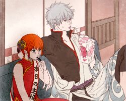  1boy 1girl belt black_belt black_pants blank_eyes blue_eyes board_game bun_cover chinese_clothes commentary_request couch drink_carton drinking drinking_straw eating gin2point gintama gloom_(expression) grey_hair hadanugi_dousa half-closed_eyes holding holding_drink_carton holding_milk_carton indoors japanese_clothes kagura_(gintama) kimono milk_carton on_couch orange_hair pants red_eyes red_pants red_shirt sakata_gintoki sash shirt shogi short_hair sitting sleeveless strawberry_milk sukonbu_(seaweed) sweatdrop translation_request 