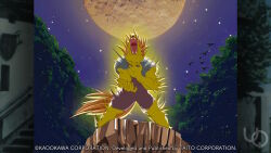  1boy 2000s_(style) animal_nose anime_coloring atelier-moo brown_hair fangs foot_out_of_frame forest full_moon furry furry_male game_cg grey_shirt hand_on_own_chest long_hair moon muscular muscular_male nature night non-web_source official_art open_mouth pete_ross_(wolf_form) shirt short_sleeves shouting solo standing t-shirt tail variant_set werewolf wolf_boy wolf_tail yuukyuu_gensoukyoku 