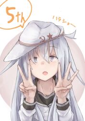  1girl anniversary black_sailor_collar blue_eyes blush commentary_request cowlick dress_shirt finger_counting flat_cap grey_hair hair_between_eyes hammer_and_sickle hat hat_pin hibiki_(kancolle) jewelry kantai_collection kuuru_(kuuru-n) long_hair long_sidelocks long_sleeves looking_at_viewer open_mouth ring sailor_collar shirt sidelocks simple_background solo speech_bubble star_pin translation_request upper_body verniy_(kancolle) wedding_ring white_background white_hat white_shirt 