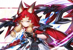  1girl absurdres animal_ear_fluff animal_ear_hood animal_ears arknights arknights:_endfield artist_name asymmetrical_dual_wielding belt black_gloves blonde_hair bright_pupils cape chinese_commentary closed_mouth commentary_request cowboy_shot dagger dual_wielding elevation_contour_lines fingerless_gloves gloves highres holding holding_dagger holding_knife holding_sword holding_weapon hood hood_up hooded_cape knife looking_at_viewer moloo27 pouch red_cape rossi_(arknights) signature solo sword weapon wolf_ears wolf_girl yellow_eyes 