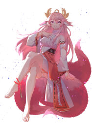  1girl absurdres animal_ears bare_shoulders barefoot bracelet breasts commentary_request crossed_legs detached_sleeves earrings feet fox_ears fox_tail genshin_impact hair_between_eyes highres japanese_clothes jewelry ningmeng_chamao open_mouth pants pink_hair sitting solo sweat tail toes violet_eyes white_background yae_miko 