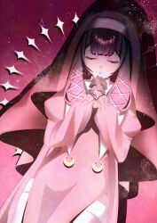  1girl alternate_costume black_hair closed_eyes columbina_(genshin_impact) commentary_request dress genshin_impact gloves hair_ornament hair_ribbon highres interlocked_fingers long_hair long_sleeves multicolored_hair nun nun_headdress pink_background praying purple_hair ribbon simple_background solo streaked_hair thigh-highs two-tone_hair watatai white_thighhighs white_wings wings 