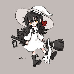  1girl black_boots black_hair boots bow broom brown_eyes creature dress gregor_(tsurunoka) grey_background hair_between_eyes hair_bow hat highres lantern lead_white_(tsurunoka) long_hair long_sleeves original red_bow simple_background tsumetai_(tsurunoka) very_long_hair white_dress white_hat witch witch_hat 