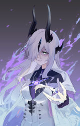  1girl absurdres arknights breasts commentary_request dress fire grey_background hair_over_one_eye highres jacket jewelry long_hair looking_at_viewer necrass_(arknights) open_clothes open_jacket parted_lips purple_fire ring shaded_face simple_background small_breasts smile solo upper_body very_long_hair white_dress white_hair white_jacket yamashiro_(xanthicwhite) 