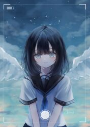  1girl above_clouds angel artist_name battery_indicator black_hair black_sailor_collar blue_background blue_eyes blue_necktie blue_sky center-flap_bangs chimy clouds commentary_request double-parted_bangs evening gradient_sky halo highres liquid_wings medium_hair necktie original outdoors sailor_collar school_uniform serafuku shirt short_sleeves sidelocks sky solo star_(sky) star_halo straight-on teardrop tearing_up tears untucked_shirt upper_body viewfinder water white_shirt wings 