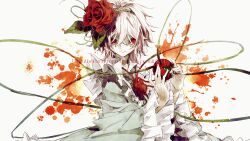  1girl absurdres adapted_costume blood blue_shirt choker closed_mouth commentary english_commentary flower frills hair_between_eyes hairband heart heart_choker highres komeiji_satori light_smile long_sleeves pink_hair puffy_sleeves red_eyes rose shirt short_hair solo third_eye togeppoi touhou upper_body watermark 