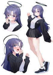  1girl absurdres arm_up black_jacket blue_archive blue_eyes blush closed_mouth commentary_request embarrassed full_body grey_skirt hair_between_eyes halo highres hood hood_down jacket light_smile lilith_painting long_sleeves looking_at_viewer looking_to_the_side mechanical_halo millennium_science_school_logo miniskirt open_clothes open_jacket open_mouth pleated_skirt purple_hair shirt shirt_tucked_in shoes simple_background skirt sneakers socks t-shirt thighs white_background white_shirt white_socks yuuka_(blue_archive) 