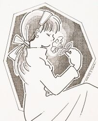  1girl artist_name bow closed_eyes closed_mouth commentary_request crosshatching dated dress feet_out_of_frame flower from_side greyscale hair_bow hairband hand_up hatching_(texture) holding holding_flower long_hair low_ponytail monochrome original ponytail profile smelling smelling_flower smile solo traditional_media zpihr6jprso2r2l 