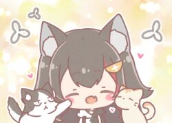 1girl :d ^_^ animal animal_ear_fluff animal_ears black_hair black_hoodie blush_stickers cat chibi closed_eyes commentary_request drawstring fang hair_ornament heart hololive hood hood_down hoodie mitarashi_neko multicolored_hair ookami_mio ookami_mio_(hoodie) red_hair smile streaked_hair taiga_(ookami_mio) tawa_(ookami_mio) upper_body virtual_youtuber white_hoodie wolf_ears 