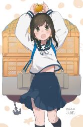  1girl absurdres adapted_costume alternate_sleeve_length anchor arms_up black_hair blue_sailor_collar blue_skirt brown_eyes brown_hair commentary_request crate feet_out_of_frame food fruit fubuki_(kancolle) green_eyes highres kantai_collection long_sleeves looking_at_viewer low_ponytail ma_rukan mandarin_orange medium_hair midriff navel neckerchief open_mouth orange_(fruit) pleated_skirt ponytail rigging sailor_collar school_uniform serafuku shirt short_hair short_ponytail sidelocks skirt smile solo white_shirt 