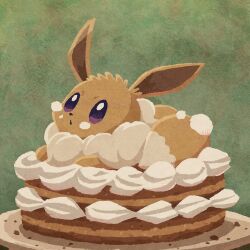 animal_focus cake commentary eevee fluffy food green_background icing miclot no_humans no_lineart on_food plate pokemon pokemon_(creature) pokemon_focus sitting solo violet_eyes 