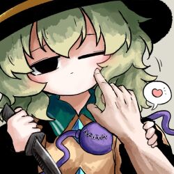  1girl 1other black_eyes black_hat blush cheek_poking collared_shirt empty_eyes eyeball frilled_shirt_collar frills green_hair hat heart heripantomorrow holding holding_knife knife komeiji_koishi long_sleeves one_eye_closed poking shirt spoken_heart stitched_eye stitches third_eye touhou upper_body wide_sleeves yellow_shirt 