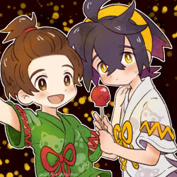  2boys arm_up asu_(as_dayo) black_hair blush brown_eyes brown_hair candy_apple closed_mouth commentary_request crossed_bangs dated florian_(pokemon) food hair_between_eyes hairband hand_on_another's_shoulder holding holding_candy_apple holding_food japanese_clothes kieran_(pokemon) looking_at_viewer male_focus multiple_boys open_mouth pokemon pokemon_scarlet_and_violet short_sleeves simple_background sweat twitter_username upper_body yellow_eyes yellow_hairband 