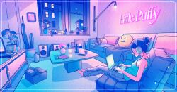  1girl aqua_tank_top bare_arms bare_shoulders barefoot blue_hair box commentary_request computer couch grey_pants hair_bun headphones highres indoors lamp laptop neon_lights original pants pillow plant potted_plant short_hair single_hair_bun speaker table tank_top wacca005 window 