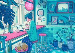  1girl artist_name bar_stool black_hair border cafe cat commentary_request computer crt cup day drinking electric_fan from_behind hair_bun holding holding_cup indoors lens_flare long_sleeves on_stool original picture_frame plant potted_plant print_skirt shelf shirt short_hair sidelocks single_hair_bun sitting skirt solo stool table tablet_pc teacup teapot television vase wacca005 watering_can wi-fi_symbol wide_shot window 