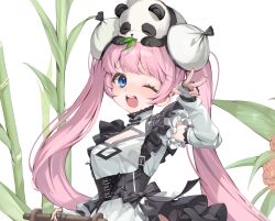  1girl ;d absurdres animal animal_on_head bamboo blue_eyes breasts bun_cover chinese_clothes cleavage_cutout clothing_cutout commentary detached_sleeves fingerless_gloves flower gloves highres lolita_fashion long_hair looking_at_viewer maid mika_030 on_head one_eye_closed open_mouth original panda pink_hair qi_lolita smile solo teeth twintails upper_teeth_only very_long_hair white_background 
