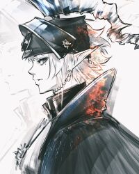  1girl absurdres arknights cape cilundi commentary different_zoom_layer from_side greyscale helmet high_collar highres looking_at_viewer mole mole_under_eye monochrome pointy_ears portrait short_hair single_sidelock solo underflow_(arknights) whistle whistle_around_neck 