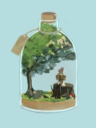  1girl absurdres aknm733 black_pants boots brown_boots elf food frieren highres jar long_hair mushroom open_mouth pants pointy_ears sandwich sousou_no_frieren tree twintails white_hair 