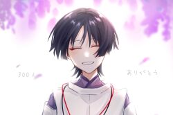  1boy 316_yogurt black_hair blunt_ends blurry blurry_background choppy_bangs closed_eyes clothing_cutout commentary_request eyeliner facing_viewer falling_petals flower genshin_impact highres japanese_clothes kimono layered_sleeves light_blush makeup male_focus mandarin_collar open_mouth outdoors petals portrait purple_kimono purple_petals purple_sleeves red_eyeliner scaramouche_(genshin_impact) scaramouche_(kabukimono)_(genshin_impact) shoulder_cutout smile solo straight-on string translation_request white_background white_mouth white_sleeves wisteria 