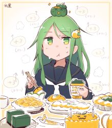  1girl :t black_sailor_collar black_serafuku black_shirt cake chopsticks commentary_request cup disposable_cup eating fish food food-themed_hair_ornament green_eyes green_hair hair_ornament highres kantai_collection looking_at_viewer ma_rukan nagatsuki_(kancolle) neckerchief pie pumpkin pumpkin_hair_ornament sailor_collar school_uniform serafuku shirt solo upper_body white_neckerchief 
