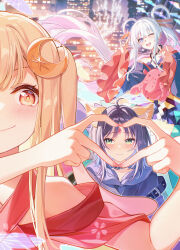  3girls absurdres ahoge aimh animal_ears bare_shoulders blonde_hair blush cho_kaguya-hime! choker city city_lights crescent crescent_hair_ornament criss-cross_halter diamond_(shape) diamond_facial_mark double_fox_shadow_puppet facial_mark finger_heart fingernails floral_print four-finger_heart_hands fox_ears fox_shadow_puppet green_eyes hair_ornament hair_rings hair_stick halterneck heart heart_hands highres hood hoodie japanese_clothes kaguya_(cho_kaguya-hime!) kimono long_hair long_sleeves looking_at_another multicolored_hair multiple_girls nail_polish one_eye_closed pink_eyes pink_hair pink_nails purple_hair purple_hoodie purple_kimono purple_nails purple_sleeves red_kimono red_sleeves runami_yachiyo sakayori_iroha short_sleeves smile straight_hair two-tone_hair upper_body white_hair wide_sleeves yuri 