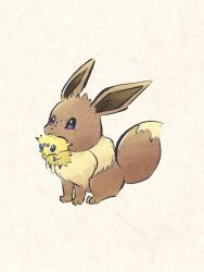  animal_focus blue_eyes brown_fur bug carrying eevee fluffy full_body highres joltik metikyun neck_fur no_humans pokemon pokemon_(creature) pokemon_focus simple_background sitting spider violet_eyes yellow_background yellow_fur 