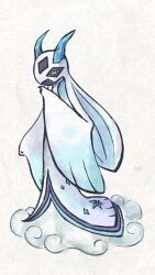  1girl blue_eyes closed_mouth colored_sclera colored_skin commentary_request froslass full_body highres ice_horns japanese_clothes kimono long_hair looking_at_viewer mega_froslass mega_pokemon metikyun pokemon pokemon_(creature) pokemon_focus simple_background solo standing white_background white_hair white_kimono white_skin yellow_sclera 