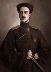  1boy black_coat black_hair chokha cleft_chin closed_mouth coat cossack cross cross_pendant derivative_work facial_hair gazyr hat highres long_sleeves male_focus military_uniform monochrome mustache photo-referenced piccoladuce pyotr_wrangel real_life realistic russian_civil_war shashka sheath sheathed short_hair simple_background solo upper_body very_short_hair wide_sleeves 