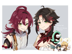  4boys :o aether_(genshin_impact) ahoge blonde_hair border braid chibi closed_mouth commentary_request corn_kuten cropped_torso crossed_arms double-parted_bangs dual_persona english_text facial_mark forehead_mark genshin_impact green_eyes grey_background hair_between_eyes hair_intakes long_hair looking_at_viewer male_focus multicolored_hair multiple_boys open_mouth outside_border red_hair red_streaks shikanoin_heizou shirt short_hair simple_background single_braid sleeveless sleeveless_shirt smile streaked_hair translation_request twitter_username watermark white_border white_shirt xiao_(beta_design)_(genshin_impact) xiao_(genshin_impact) 