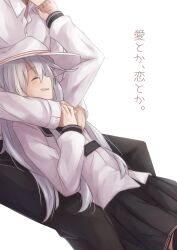  1boy 1girl belt black_belt black_skirt black_thighhighs blush closed_eyes commentary_request flat_cap hat hibiki_(kancolle) kantai_collection kuuru_(kuuru-n) long_hair open_mouth pleated_skirt sailor_collar school_uniform serafuku shirt simple_background skirt smile thigh-highs translation_request verniy_(kancolle) white_background white_hair white_hat white_shirt 
