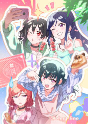  4girls absurdres apron bare_shoulders black_choker black_hair blue_hair blue_shirt blush bow cellphone choker colorful_background commentary_request food green_hoodie green_shirt hair_bow high_ponytail highres holding holding_food holding_phone hood hood_down hoodie inazuma_(elect_line) jacket long_hair long_sleeves looking_at_another love_live! love_live!_school_idol_project love_live!_sunshine!! matsuura_kanan medium_hair multiple_girls nishikino_maki one_eye_closed open_mouth outline phone pink_apron pink_eyes pink_jacket ponytail red_eyes red_hair selfie shirt short_twintails simple_background smartphone smile sparkle teeth tsushima_yoshiko twintails violet_eyes watermark white_outline white_shirt yazawa_nico 