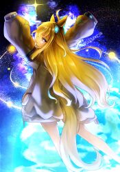  1girl ahoge animal_ears arms_up blonde_hair blue_aura blue_eyes blue_hair closed_mouth colored_inner_hair commentary_request diamond_hair_ornament ear_covers fang from_behind hair_between_eyes hair_ornament highres horse_ears horse_girl horse_tail jacket long_hair long_sleeves multicolored_hair neo_universe_(umamusume) neo_universe_(universe-naut)_(umamusume) planet single_ear_cover skin_fang sleeves_past_fingers sleeves_past_wrists solo space star_(sky) tail two-tone_hair umamusume yangyue_mao 