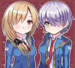  2girls breasts brown_hair commentary_request cosplay costume_switch green_eyes grey_hair hair_over_eyes hair_tie heaven_burns_red highres izumi_yuki kayamori_ruka long_hair looking_at_viewer multiple_girls neck_ribbon necktie one_eye_covered red_eyes red_necktie red_ribbon ribbon school_uniform shake_(pixiv_75845198) short_hair 