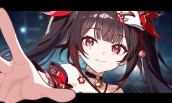  1girl absurdres alternate_eye_color bell black_choker blurry blurry_background brown_eyes brown_hair chest_tattoo choker closed_mouth commentary_request cqcq06 detached_sleeves fox_mask hair_ribbon highres honkai:_star_rail honkai_(series) letterboxed long_hair looking_at_viewer mark_under_both_eyes mask mask_on_head neck_bell night portrait reaching reaching_towards_viewer red_pupils ribbon smile solo sparkle_(honkai:_star_rail) tattoo twintails 