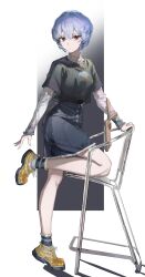  1girl absurdres ayanami_rei blue_hair breasts commentary_request denim denim_skirt feijiu highres neon_genesis_evangelion red_eyes shirt shirt_under_shirt shoes short_hair skirt solo yellow_shoes 