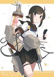  1girl anchor_symbol beans black_hair black_sailor_collar black_skirt blush closed_mouth commentary_request ehoumaki food fubuki_(kancolle) fubuki_kai_ni_(kancolle) green_eyes highres holding holding_food kantai_collection ma_rukan making-of_available makizushi pleated_skirt ponytail rigging rudder_footwear sailor_collar school_uniform serafuku ship_turret short_hair short_ponytail short_sleeves signature skirt solo sushi 