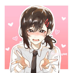  1girl absurdres artist_name black_necktie brown_eyes brown_hair chainsaw_man chenggg_0224 collared_shirt crying crying_with_eyes_open double_w hair_ornament hairclip heart higashiyama_kobeni highres looking_at_viewer medibang_paint_(medium) mole mole_under_eye mole_under_mouth multiple_moles necktie open_mouth ponytail shirt short_ponytail single_sidelock solo tears w white_shirt 