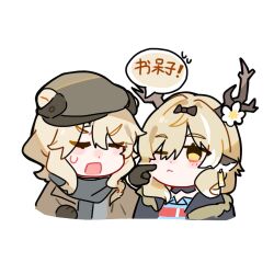  1boy 1girl animal_ears antlers arknights bear_boy bear_ears black_scarf blonde_hair blush botani_(arknights) bow brown_hat brown_jacket closed_eyes deer_ears deer_girl earrings ears_through_headwear fyodor_vladimirovich_(arknights) hair_over_one_eye hat highres horns jacket jewelry one_eye_closed open_mouth portrait scarf shishigg speech_bubble sweatdrop swept_bangs white_background 