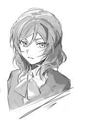  1girl absurdres blazer bow bowtie collared_shirt commentary_request cropped_torso greyscale grin highres inazuma_(elect_line) jacket looking_at_viewer love_live! love_live!_school_idol_project medium_hair monochrome nishikino_maki otonokizaka_school_uniform school_uniform shirt smile solo upper_body white_background winter_uniform 