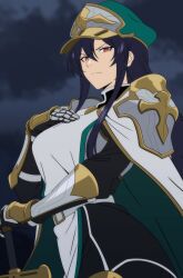  1girl armor black_hair black_shirt breast_suppress breasts cape closed_mouth commentary_request cowboy_shot frown green_cape grey_armor hand_on_hilt hat highres kivia_patausche long_hair long_sidelocks looking_at_viewer makiri_akira medium_breasts military_hat military_uniform paid_reward_available pauldrons red_eyes shirt shoulder_armor sidelocks solo tabard two-sided_cape two-sided_fabric white_cape white_tabard yuushakei_ni_shosu 