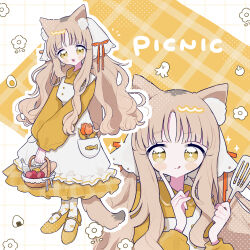  1girl :d :q absurdres animal_ear_fluff animal_ears apron basket blonde_hair blush_stickers bottle bread cat_ears cat_girl cat_tail closed_mouth commentary_request dress flower food full_body headscarf highres holding holding_basket holding_spatula long_hair long_sleeves looking_at_viewer multiple_views niyu_(nennenkorori3) open_mouth orange_flower orange_ribbon orange_tulip original outline ribbon shoes smile socks spatula standing tail tomato tongue tongue_out tulip white_apron white_headscarf white_outline white_socks yellow_background yellow_dress yellow_eyes yellow_shoes 