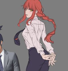  1boy 1girl arms_behind_back ass black_necktie black_pants braid braided_ponytail business_suit chainsaw_man collared_shirt commentary formal_clothes grey_background grey_suit hayakawa_aki highres jacket looking_at_viewer makima_(chainsaw_man) mika_030 necktie pants ringed_eyes shirt shirt_tucked_in simple_background suit suit_jacket topknot white_shirt yellow_eyes 